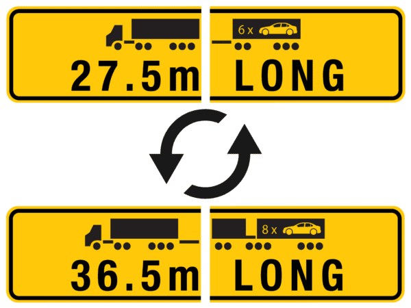 27.5m and 36.5m Long Road Train Warning Reversible 2 Piece Metal Sign