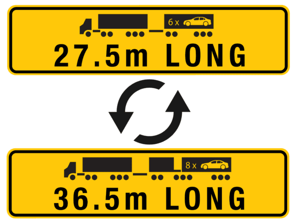 27.5m and 36.5m Long Road Train Warning Reversible Metal Sign
